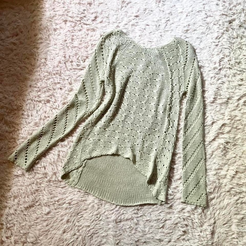 Boho Minimalist Open Knit Crotchet Oatmeal Cozy Earthy Hi Low Sweater Womens S